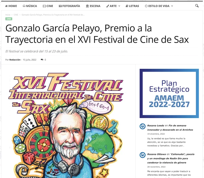 Gonzalo García Pelayo premio a la Trayectoria en el XVI Festival de Cine de Sax